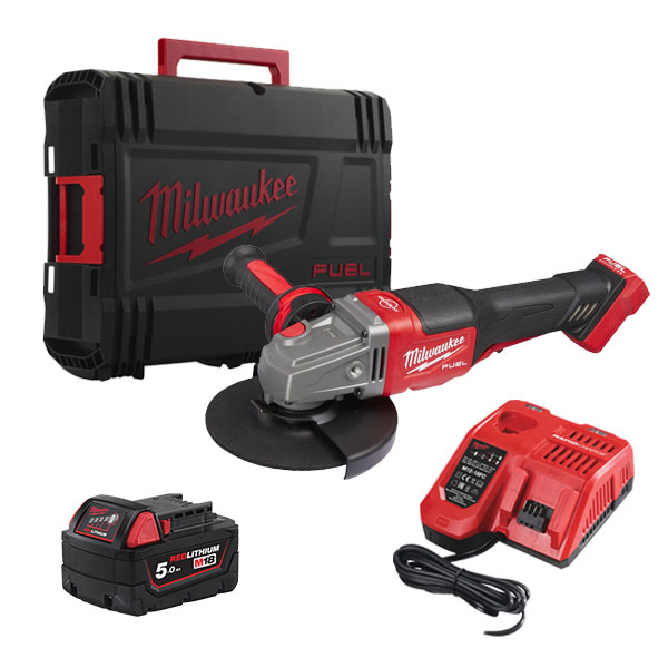 Milwaukee M18 FUEL™ nagy teljesítményű 125 mm sarokcsiszoló fékező funkcióval és hosszú alsó kapcsolóval, töltővel, 1×5.0 Ah akkuval | M18 FHSAG125XPDB-501X (4933471078)